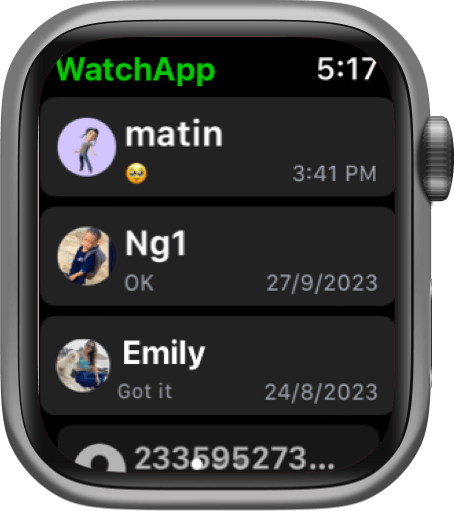 whatsapp chat list on apple watch, recent chat list and contact list